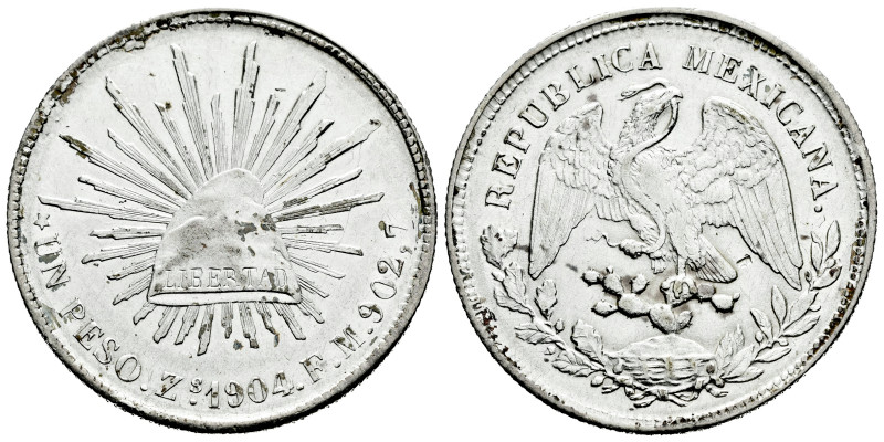 Mexico. 1 peso. 1904. Zacatecas. FM. (Km-409.3). Ag. 27,13 g. Choice VF/VF. Est....