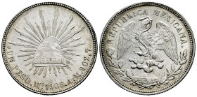 Mexico. 1 peso. 1908. Mexico. AM. (Km-409.2). Ag. 27,11 g. Delicate patina. Attractive. Almost XF. Est...60,00. 

Spanish description: México. 1 pes...
