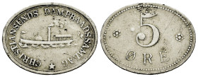 Norway. 5 ore. 1900. Token. Br. 2,86 g. Christiansunds Dampbaadssamlag. Steamboat. VF. Est...40,00. 

Spanish description: Noruega. 5 ore. 1900. Tok...