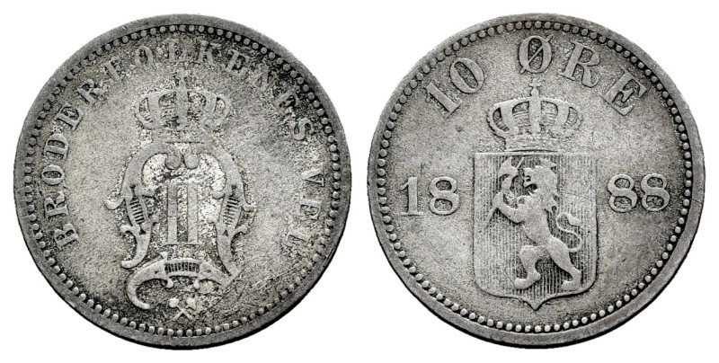 Norway. 10 ore. 1888. (Km-350). Ag. 1,38 g. Very scarce. Choice F. Est...25,00. ...