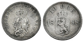 Norway. 10 ore. 1888. (Km-350). Ag. 1,38 g. Very scarce. Choice F. Est...25,00. 

Spanish description: Noruega. Oscar II. 10 ore. 1888. (Km-350). Ag...