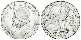 Panama. 1 balboa. 1947. (Km-13). Ag. 26,72 g. AU. Est...50,00. 

Spanish description: Panamá. 1 balboa. 1947. (Km-13). Ag. 26,72 g. EBC+. Est...50,0...