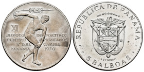 Panama. 5 balboas. 1970. (Km-28). Ag. 35,58 g. 11th Central American and Carbbean Games. Mint state. Est...35,00. 

Spanish description: Panamá. 5 b...