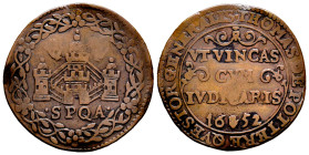Low Countries. Jeton. 1652. Antwerpen. (Dugn-4049). Anv.: In a wreath, the arms of Antwerp and SPQA. Rev.: In a laurel wreath, VT VINCAS/ CVM/ IVDICAR...