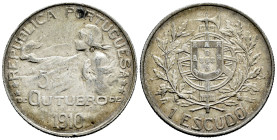 Portugal. 1 escudo. 1910. (Km-560). (Gomes-22.01). Ag. 24,98 g. 5 October, Anniversary of the Republic. Minor nick on edge. Almost XF. Est...50,00. 
...
