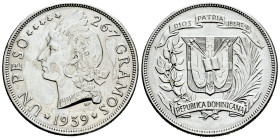 Dominican Republic. 1 peso. 1939. (Km-22). Ag. 26,63 g. Scratches on obverse. Cleaned. Choice VF. Est...35,00. 

Spanish description: República Domi...