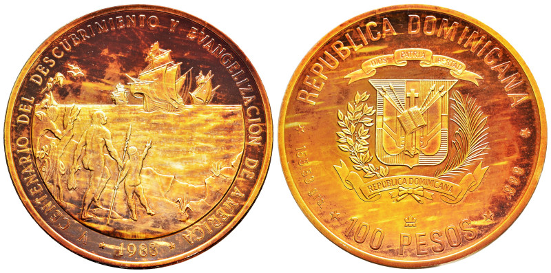 Dominican Republic. 100 pesos. 1988. (Km-67). Ae. 155,70 g. V Centenary of the D...