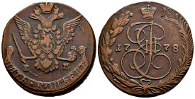 Russia. Catherine II. 5 kopecks. 1778. Ekaterinburg. EM. (Km-C59.3). (Bitkin-626). Ae. 51,92 g. Choice VF. Est...35,00. 

Spanish description: Rusia...