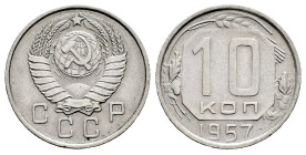 Russia. 10 kopecks. 1957. (Km-Y123). 1,81 g. 7 and 7 ribbonson wreath (usually they are 8 and 7). Very rare. Almost XF. Est...25,00. 

Spanish descr...