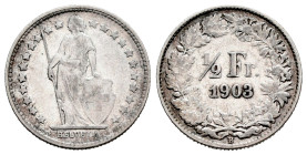 Switzerland. 1/2 franc. 1903. Bern. B. (Km-23). Ag. 2,45 g. Almost VF. Est...25,00. 

Spanish description: Suiza. 1/2 franc. 1903. Berna. B. (Km-23)...