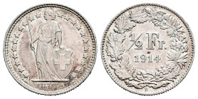 Switzerland. 1/2 franc. 1914. Bern. B. (Km-23). Ag. 2,48 g. Almost XF. Est...30,00. 

Spanish description: Suiza. 1/2 franc. 1914. Berna. B. (Km-23)...