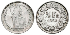 Switzerland. 1/2 franc. 1920. Bern. B. (Km-23). Ag. 2,47 g. Almost XF. Est...30,00. 

Spanish description: Suiza. 1/2 franc. 1920. Berna. B. (Km-23)...