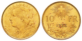 Switzerland. 10 francs. 1922. Bern. B. (Km-36). (Fried-504). Au. 3,22 g. Almost MS. Est...180,00. 

Spanish description: Suiza. 10 francs. 1922. Ber...