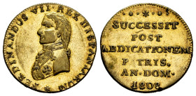 Ferdinand VII (1808-1833). Medal. 1808. (Vq-14170). Rev.: SUCCESSIT POST ABDICATIONEM P(A)TRIS. AN. DOM. Ln. 2,70 g. Scarce. Choice VF. Est...25,00. ...