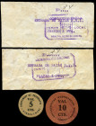 Spanish Civil War (1936-1939). Lot of 4 banknotes from Girona. 5-10 Cts of the Transport Group / Collective of shows and two tickets 1 Pta S.R.I. Loca...