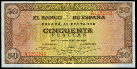 50 pesetas. 1938. Burgos. (Ed-431). May 20, Olite Castle. Serie A. XF/AU. Est...90,00. 

Spanish description: 50 pesetas. 1938. Burgos. (Ed-431). 20...