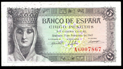 5 pesetas. 1943. Madrid. (Ed 2017-446a). February 13, Isabella the Catholic. Serie A. Mint state. Est...30,00. 

Spanish description: 5 pesetas. 194...