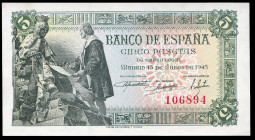5 pesetas. 1945. Madrid. (Ed 2017-449). June 15, Capitulations of Santa Fe. Without serie. Mint state. Est...40,00. 

Spanish description: 5 pesetas...