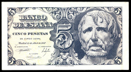 5 pesetas. 1947. Madrid. (Ed 2017-454a). April 12, Seneca's head. Serie E. Mint state. Est...40,00. 

Spanish description: 5 pesetas. 1947. Madrid. ...