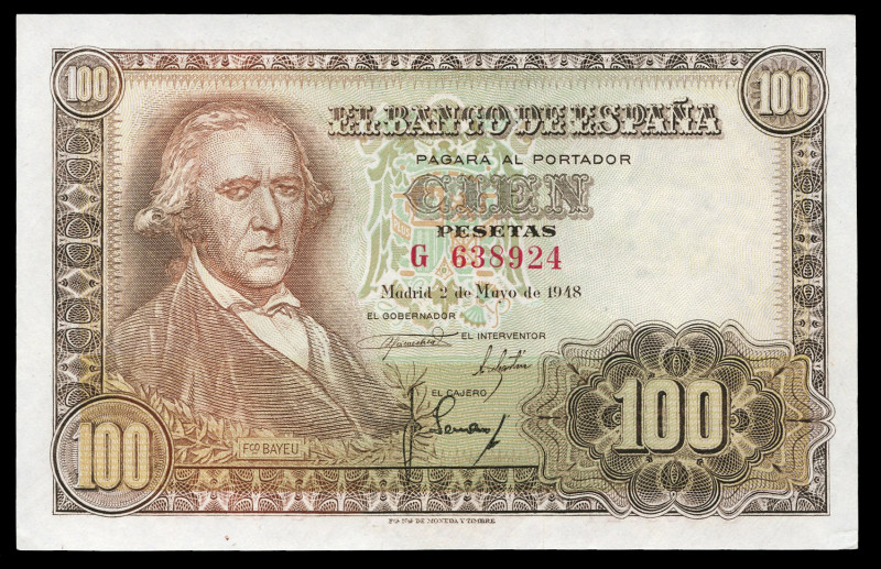 100 pesetas. 1948. Madrid. (Ed-456a). May 2, Francisco Bayeu. Serie G. Wrinkles....