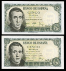 5 pesetas. 1951. Madrid. (Ed-459a). August 16, Jaime Balmes. Serie J. Correlative pair. Almost MS. Est...25,00. 

Spanish description: 5 pesetas. 19...