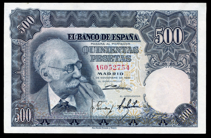 500 pesetas. 1951. Madrid. (Ed-460a). November 15, Mariano Benlliure. Serie A. A...