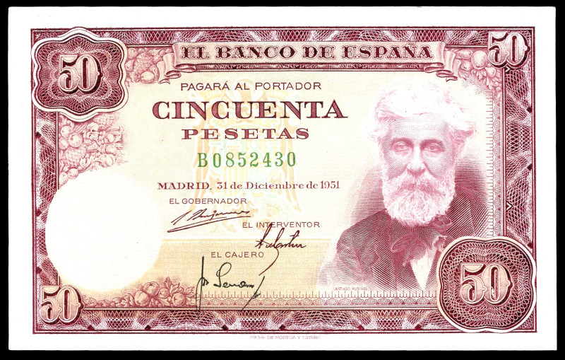 50 pesetas. 1951. Madrid. (Ed 2017-462a). December 31, Joaquin Sorolla. Serie B....