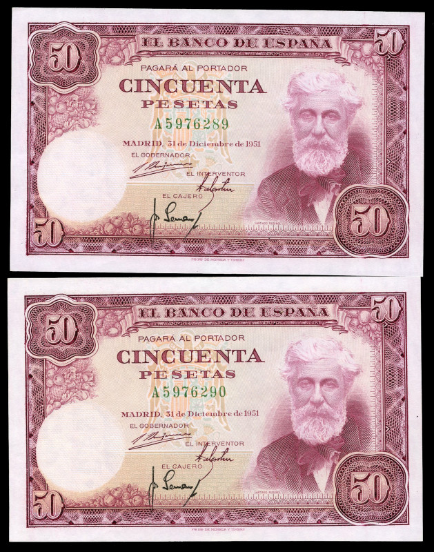 50 pesetas. 1951. Madrid. (Ed-462a). December 31, Santiago Rusiñol. Serie A. Cor...