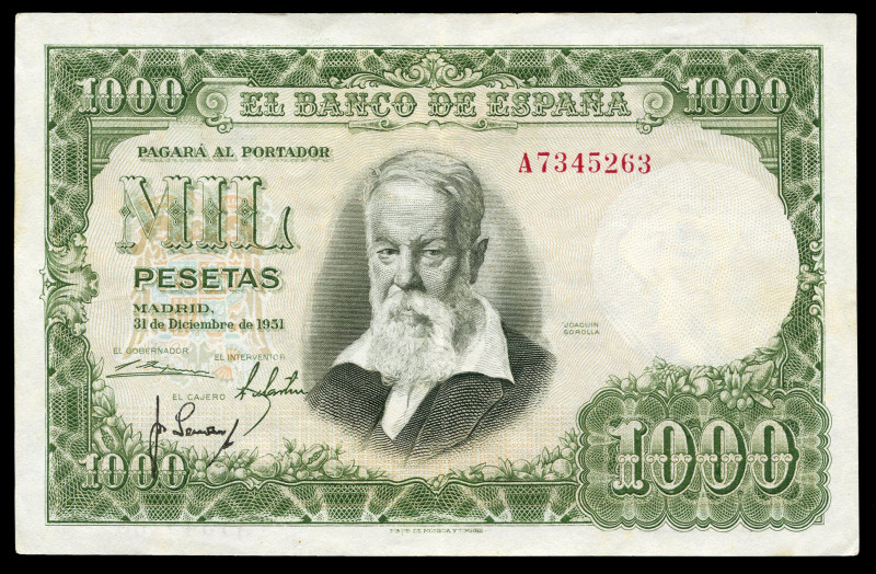 1000 pesetas. 1951. Madrid. (Ed-463a). December 31, Joaquin Sorolla. Serie A. Ce...