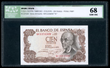100 pesetas. 1970. Madrid. (Ed-472d). November 17, Manuel de Falla. Special serie 9C. Slabbed by ICG as 68 GEM UNC. Est...50,00. 

Spanish descripti...