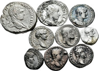 Lot of 9 coins from the Roman Empire. Containing 4 Denarii of Hadrian and Hemidrachm, Denarius of Trajan, Hemidrachm of Nero, Antoninian of Gordian II...