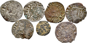 Lot of 7 Medieval fleeces from the mint of Aragon. TO EXAMINE. Choice F/Almost VF. Est...100,00. 

Spanish description: Lote de 7 vellones medievale...