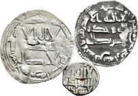Lot of 3 Hispano-Arab coins. Two dirhams from the independent Emirate and a fraction of a Dirham from the Idrisies. Ag. TO EXAMINE. Choice F/Almost VF...