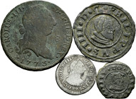 Lot of 4 Spanish Monarchy coins. Felipe IV, 4 Maravedís 1663 Granada N; 16 Maravedís Cuenca CA and Carlos III, 8 Maravedís 1773 Segovia; 1/2 Real 1773...