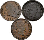Lot of 3 coins of Fernando VII. 2 Maravedís 1817, 1824 and 1830 from Segovia. Ae. TO EXAMINE. Choice VF/XF. Est...30,00. 

Spanish description: Lote...