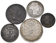 Lot of 5 coins of Isabel II, 2 maravedís 1842 Segovia, 25 céntimos de real 1864 Segovia, 20 centavos 1865 Manila, 20 centavos 1868 Manila and 50 centa...