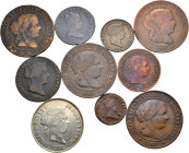 Lot of 10 pieces of Isabel II, 9 copper (1 of 2 maravedís Segovia 1846, 1 of 4 maravedís Segovia 1836, 1 of 10 centimos de real Segovia 1860, 1 of 25 ...