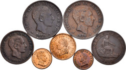 Lot of 7 coins of the Centenary of the Peseta, 2 of 10 cents (1878, 1879), 2 of 5 cents (1870, 1879), 1 of 2 cents (1912), 2 of 1 cent (1906, 1912). T...