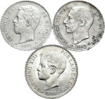 Lot of 3 coins of 5 pesetas of the Centenary, 1871, 1885 and 1898. TO EXAMINE. Almost VF/VF. Est...50,00. 

Spanish description: Lote de 3 monedas d...