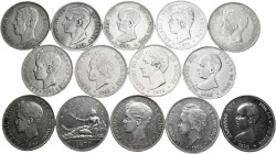 Lot of 14 silver ins of 5 pesetas, 1870, 1871 (2), 1975 (2), 1988, 1891, 1892, 1893, 1894, 1897, 1898 (2) y 1899. TO EXAMINE. Choice F/Almost VF. Est....