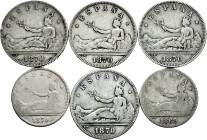 Lot of 6 Provisional Government coins, 2 of 1 peseta (1869, 1970) and 4 of 2 peseta (1870). TO EXAMINE. F/Choice F. Est...50,00. 

Spanish descripti...
