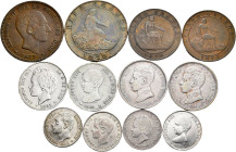 Lot of 12 different coins. 5 centimes 1870 (2), 10 centimes 1870 (2), 50 centimes 1885, 1892, 1894, 1900, 1 peseta 1891, 1893 and 1903(2). TO EXAMINE....