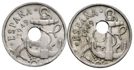 Lot of 2 coins of 50 cents from 1949, one with the hole displaced. TO EXAMINE. AU/Almost MS. Est...40,00. 

Spanish description: Lote de 2 piezas de...