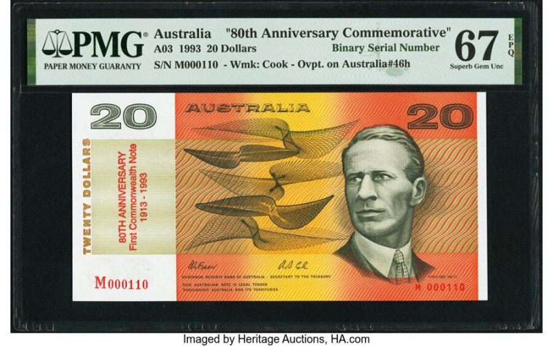 Binary Serial Number Australia Australia Reserve Bank 20 Dollars 1993 A03 Commem...