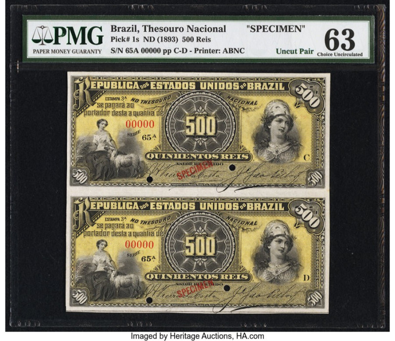 Brazil Thesouro Nacional 500 Reis ND (1893) Pick 1s Uncut Specimen Pair PMG Choi...