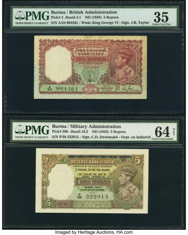 Burma Reserve Bank of India 5 Rupees ND (1938); (1945) Pick 4; 26b Two Examples ...