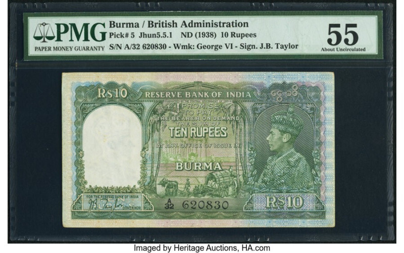 Burma Reserve Bank of India 10 Rupees ND (1938) Pick 5 Jhun5.5.1 PMG About Uncir...