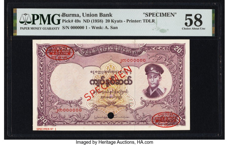 Burma Union Bank 20 Kyats ND (1958) Pick 49s Specimen PMG Choice About Unc 58. P...