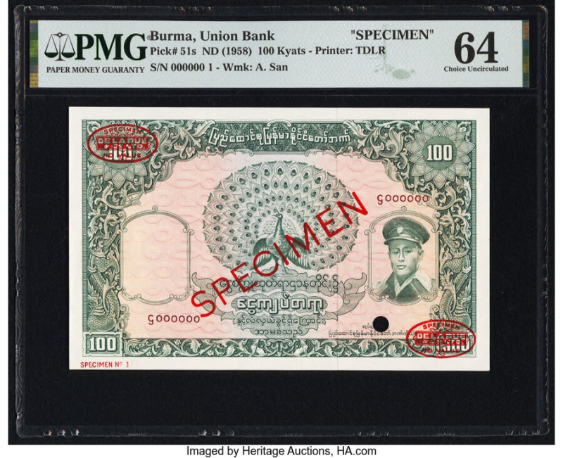 Burma Union Bank 100 Kyats ND (1958) Pick 51s Specimen PMG Choice Uncirculated 6...