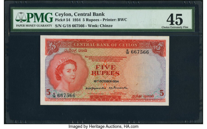 Ceylon Central Bank of Ceylon 5 Rupees 16.10.1954 Pick 54 PMG Choice Extremely F...
